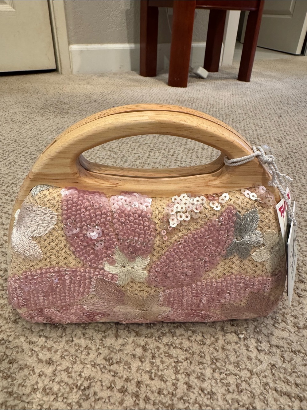 NEW Haute Hippie Pink Sequin Floral Wood-Handle Crossbody Bag Purse